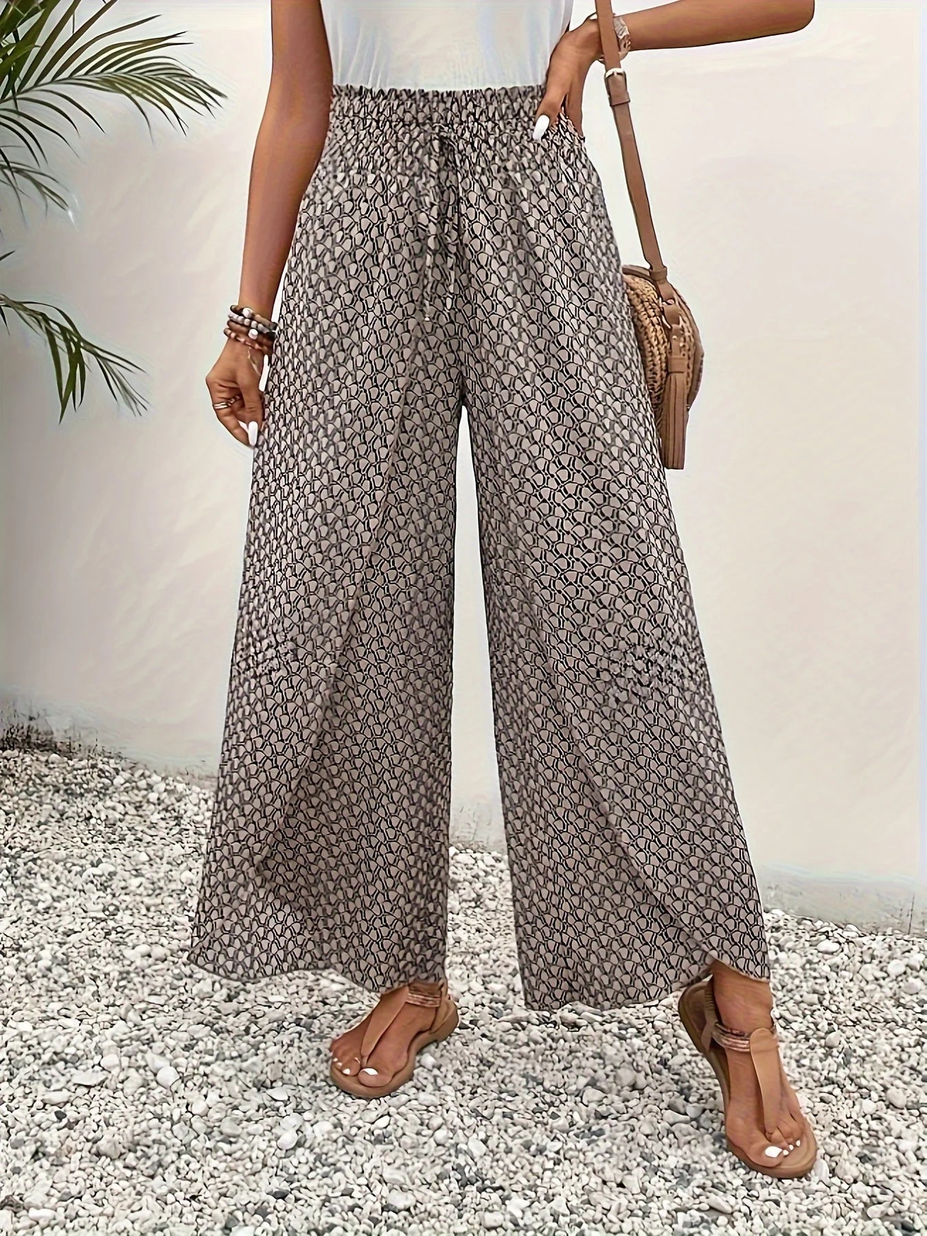 Spring Summer Women Elegant Wide Legs Pants Casual Vacation Beach Print Trousers