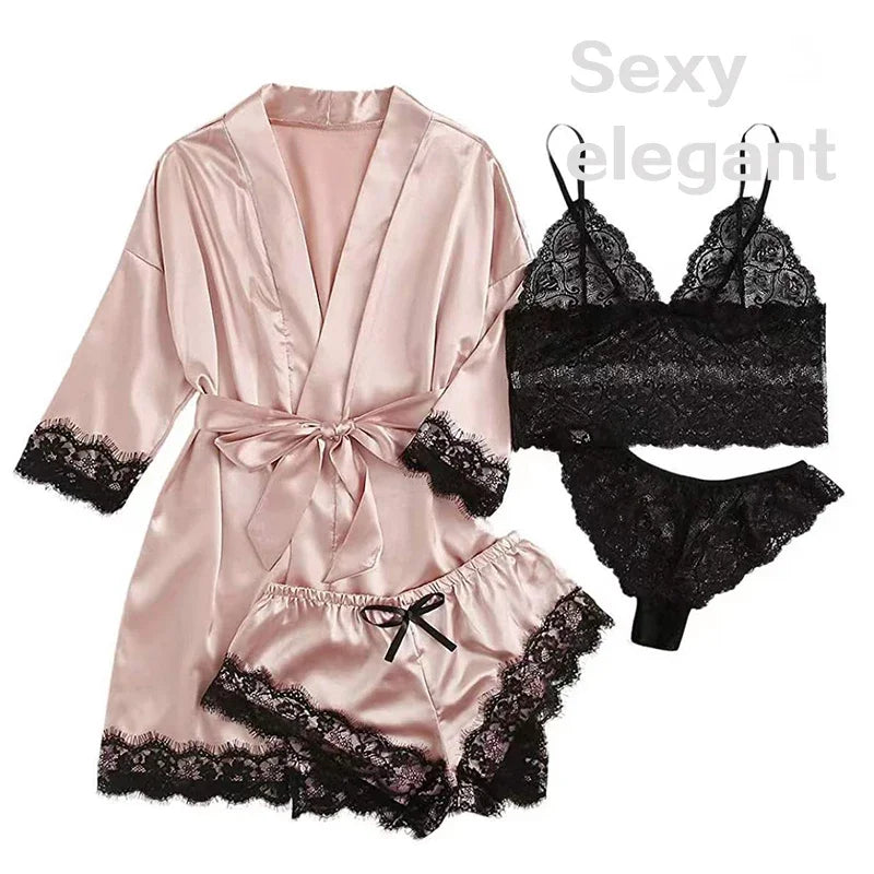 4 Pieces Woman Sleepwear Pijamas  Sexy Lace Lingerie Bathrobe Silk
