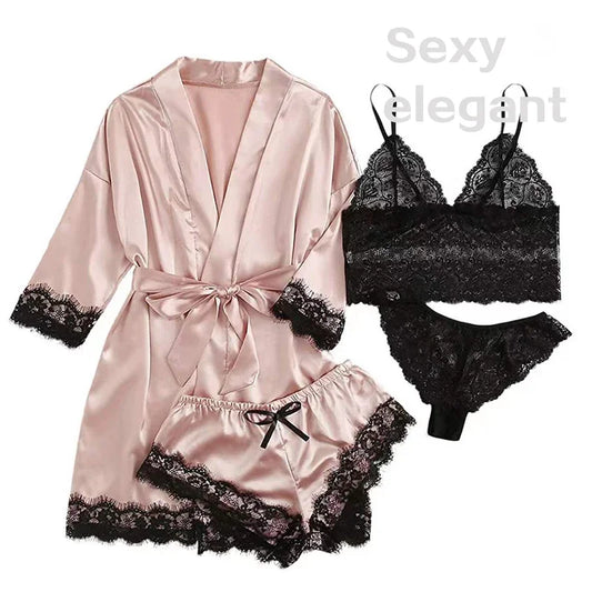 4 Pieces Woman Sleepwear Pijamas  Sexy Lace Lingerie Bathrobe Silk