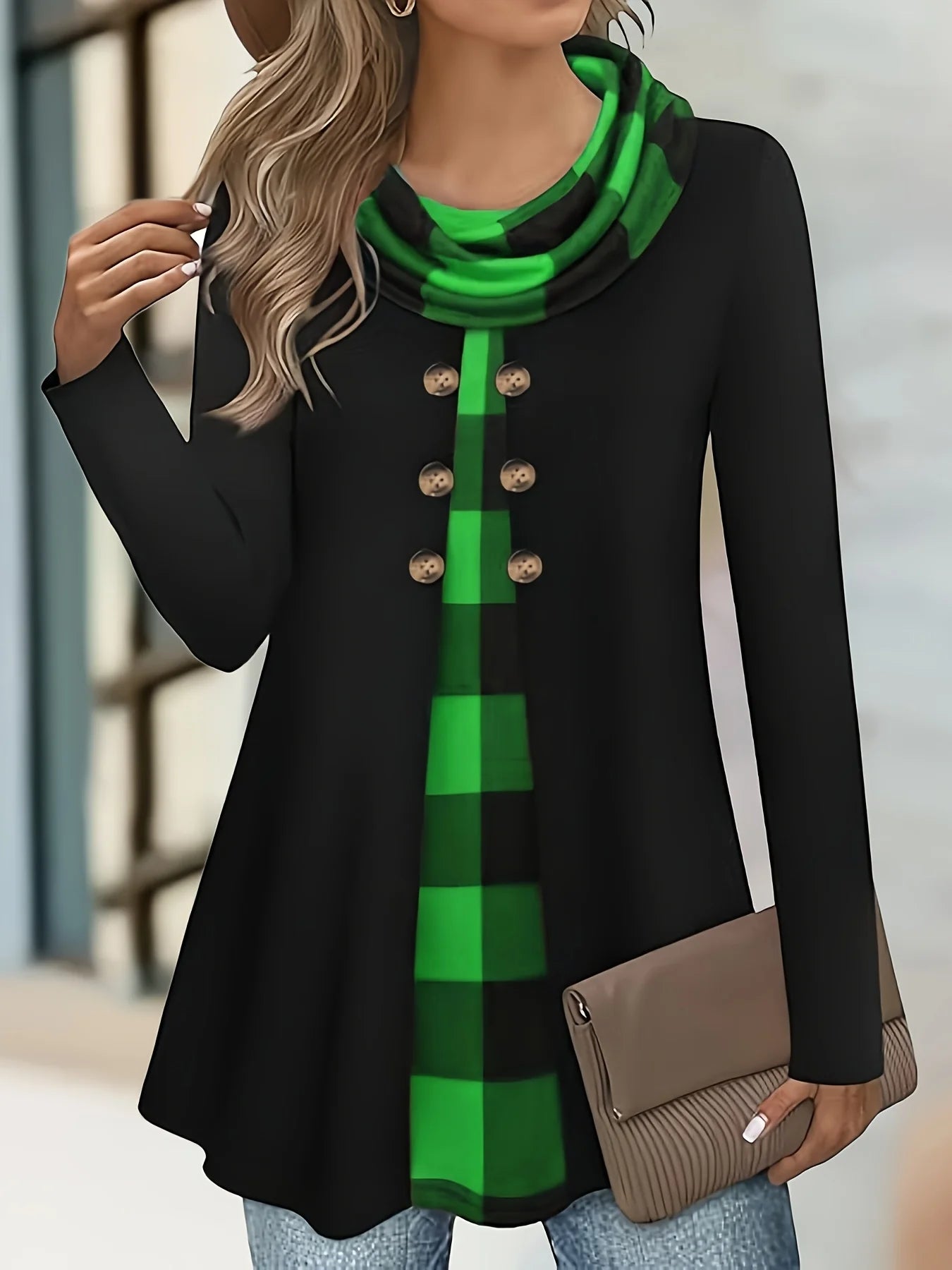 two-piece pleated scarf wild button plus size women's thin long-sleeved T-shirt