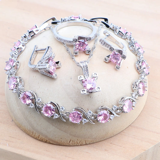 Pink Zircon Bridal Jewelry Sets For Women Bracelets Earrings Rings Pendant Wedding Necklace Set
