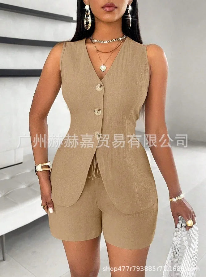 Cotton Linen Shorts Sets Solid Color V-Neck Slim Tops Office Lady Shorts Suits