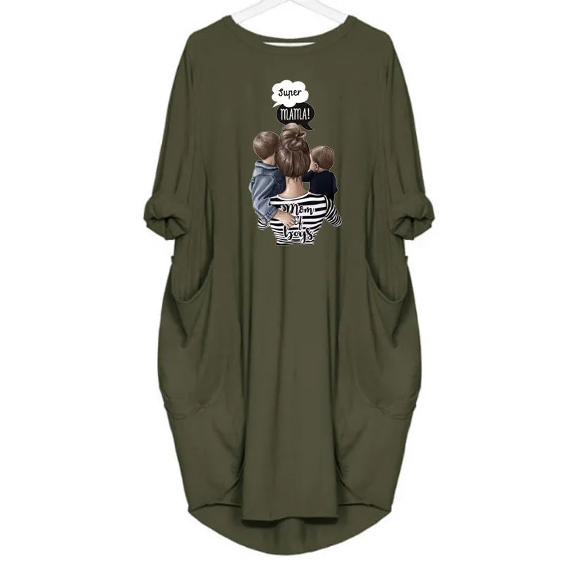 Plus Size Dress Autumn  Winter Casual Round Neck Solid Color Long Sleeve Pocket  Pullove Dress