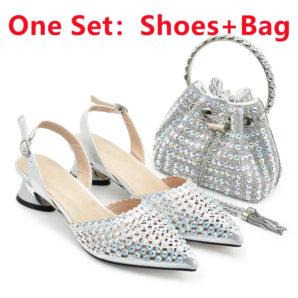 Italian Shoes with Matching Bags Set Decorated with Rhinestone