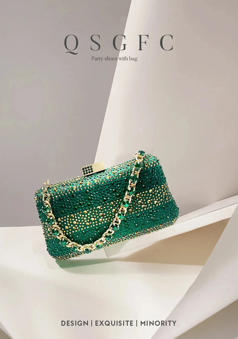 Italian Design Green Shoes And Bag Set Decorated with Rhinestone Handbag Wedding Party
