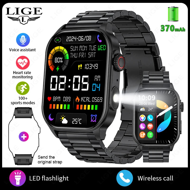 Unisex Smart Watch Flashlight 2.01" HD Large Screen AI Voice Bluetooth Call Sport And Health Monitor