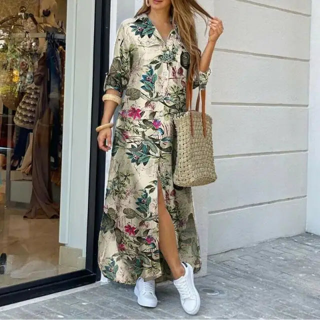 Long Sleeve  Pocket Button Print Shirts Dress
