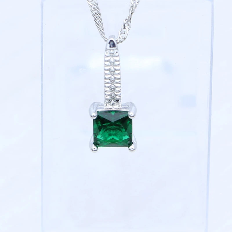 Sterling Silver Jewelry 3Set for Women Square Emerald Open Ring Earrings Pendant Necklace Free Gift Box