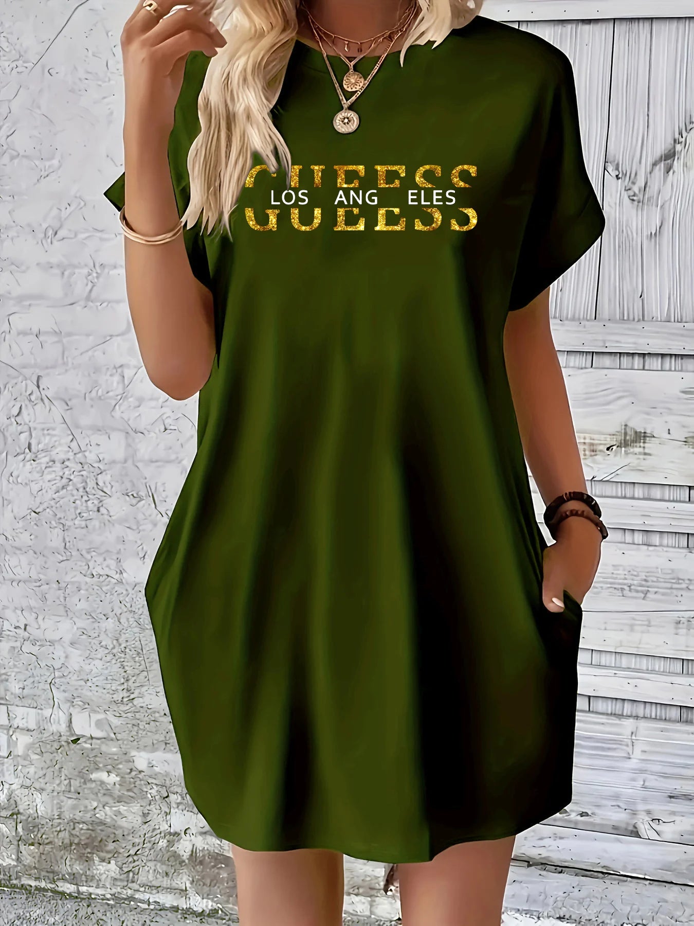 Gueess Los Angeles letter pattern print round neck short sleeved pocket comfortable Dress