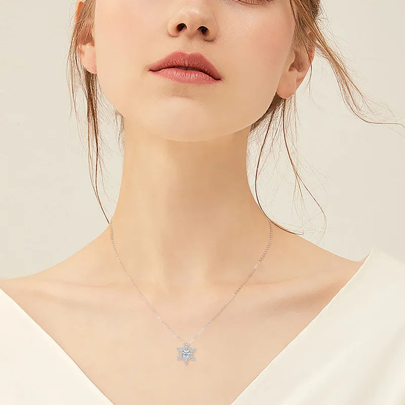 Round Cut Moissanite Snowflake Pendant Silver Necklaces