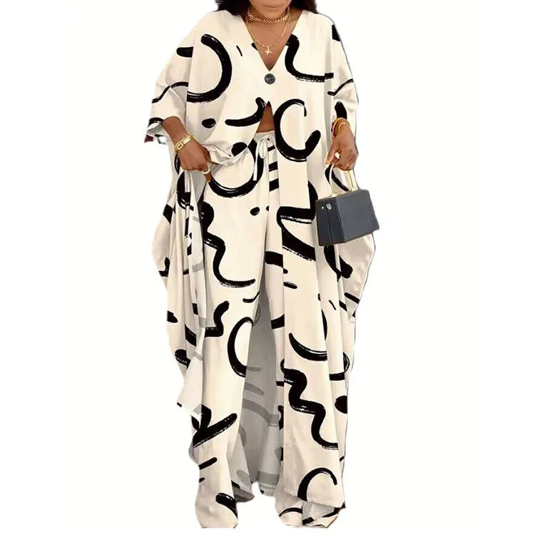 Elegant V-neck Button-up Printed Seven-quarter Sleeve Blouses