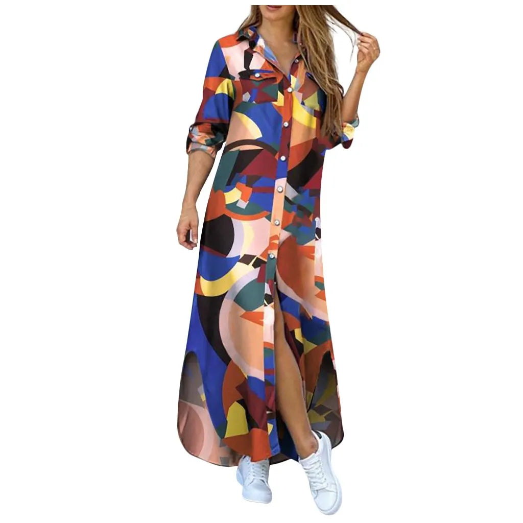 Long Sleeve  Pocket Button Print Shirts Dress