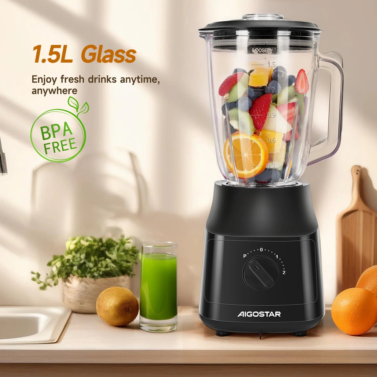 600W, 1.5L, 4-Blade Blender with Titanium Coating, 2 Speeds and Pulse, Ice Crusher, Autoclean Function