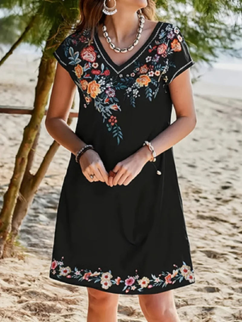 Bohemian Floral Print V-neck Slimming Short-sleeved Straight Dress