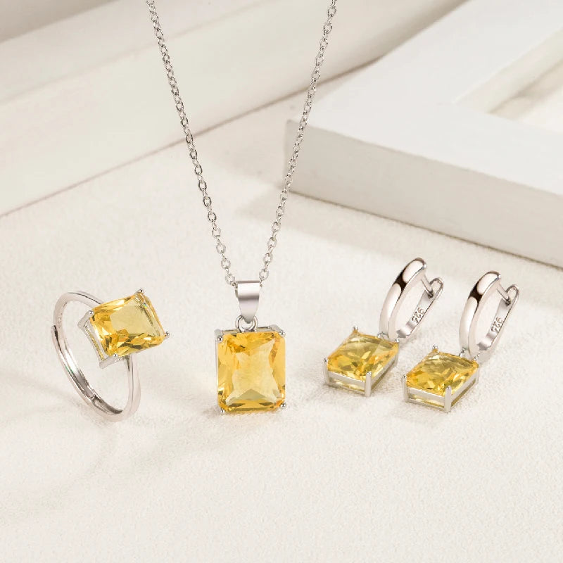Jewelry Set Earrings Ring Pendant Necklace Rectangle Shape Zircon 925 Silver Accessories for Women Wedding Party Gifts