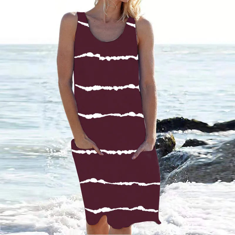 Stripe Print Pocket Sleeveless Knee Vacation And Party Dress