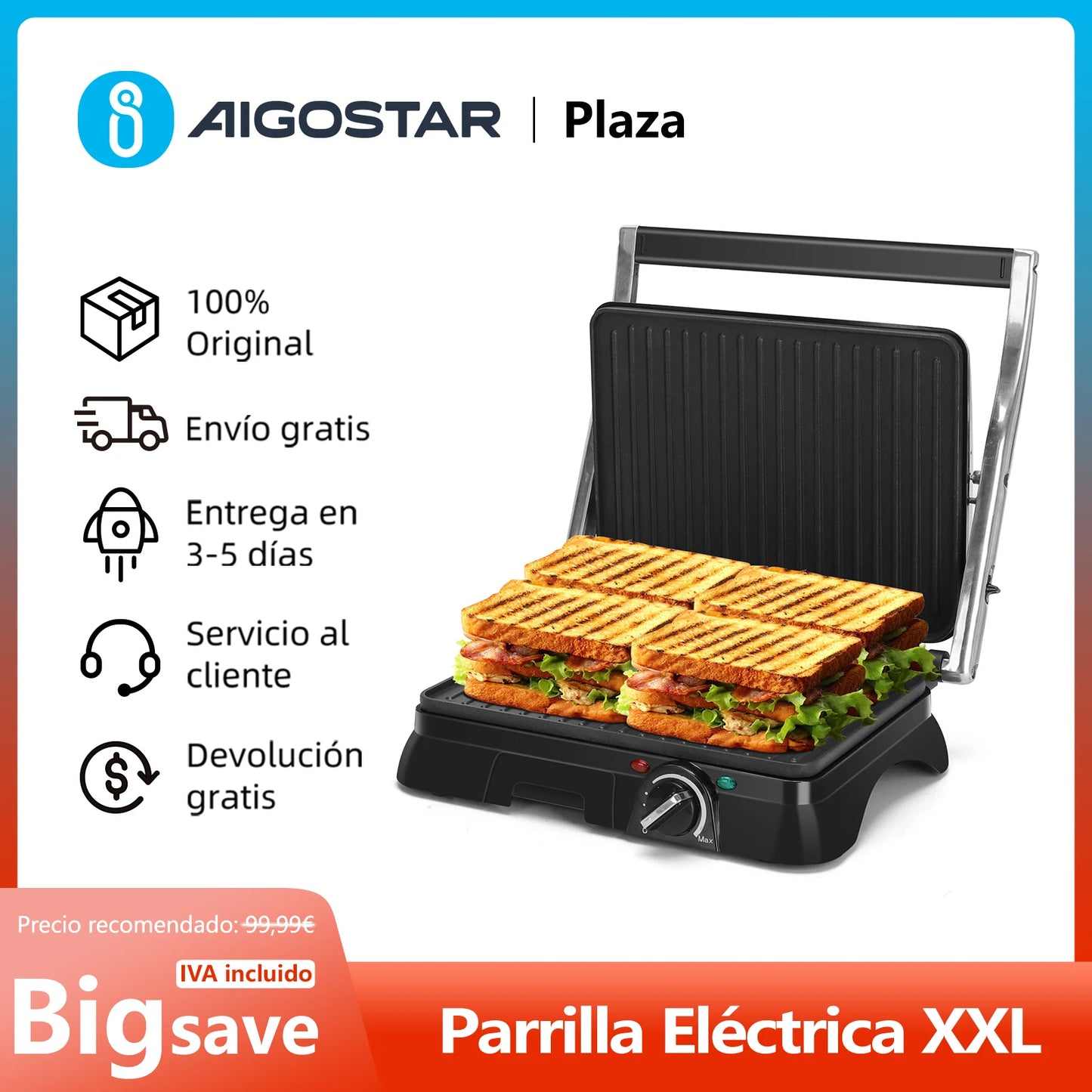 Electric Grill, Sandwich Maker, Non-Stick Coating, Temperature Regulator, 180º Opening, Bpa Free, 2000W