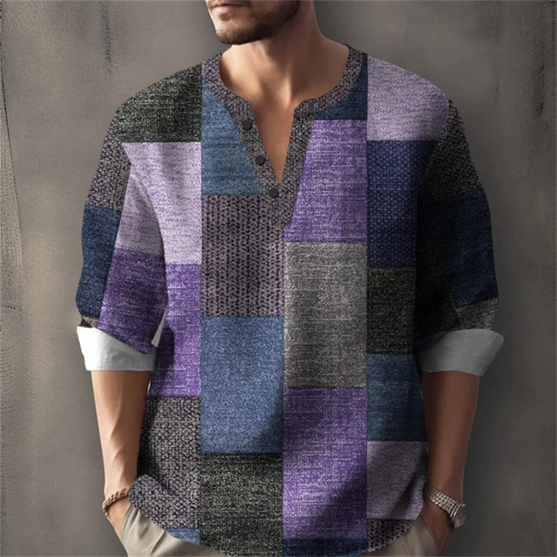 Long sleeved shirt for summer vacation, a color-blocked geometric print and Henley collar