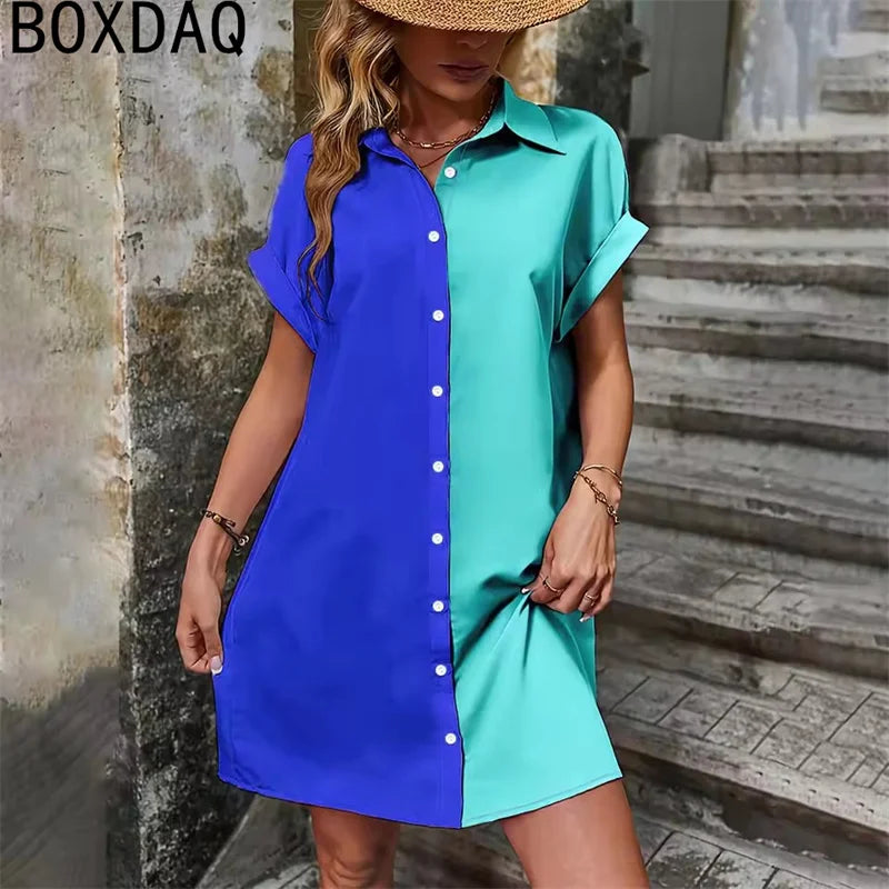 Two Tone Spliced Shirt for Summer Evening  Casual Dress