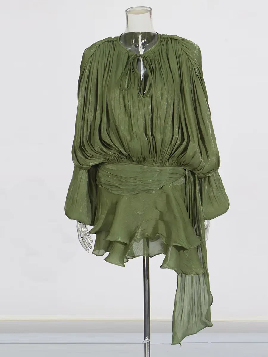 Solid Blouse Mini  V Neck Long Sleeve Spliced Lace Up Sweet Style Dress