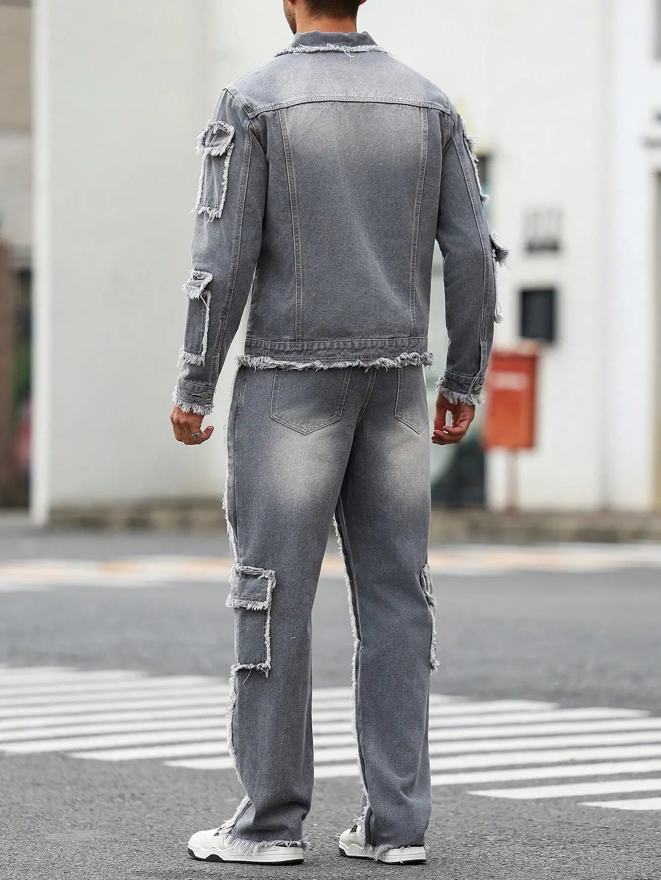 Men's Street Style Raw-Hem Grey Denim Set, a minimalist and fashionable two-piece