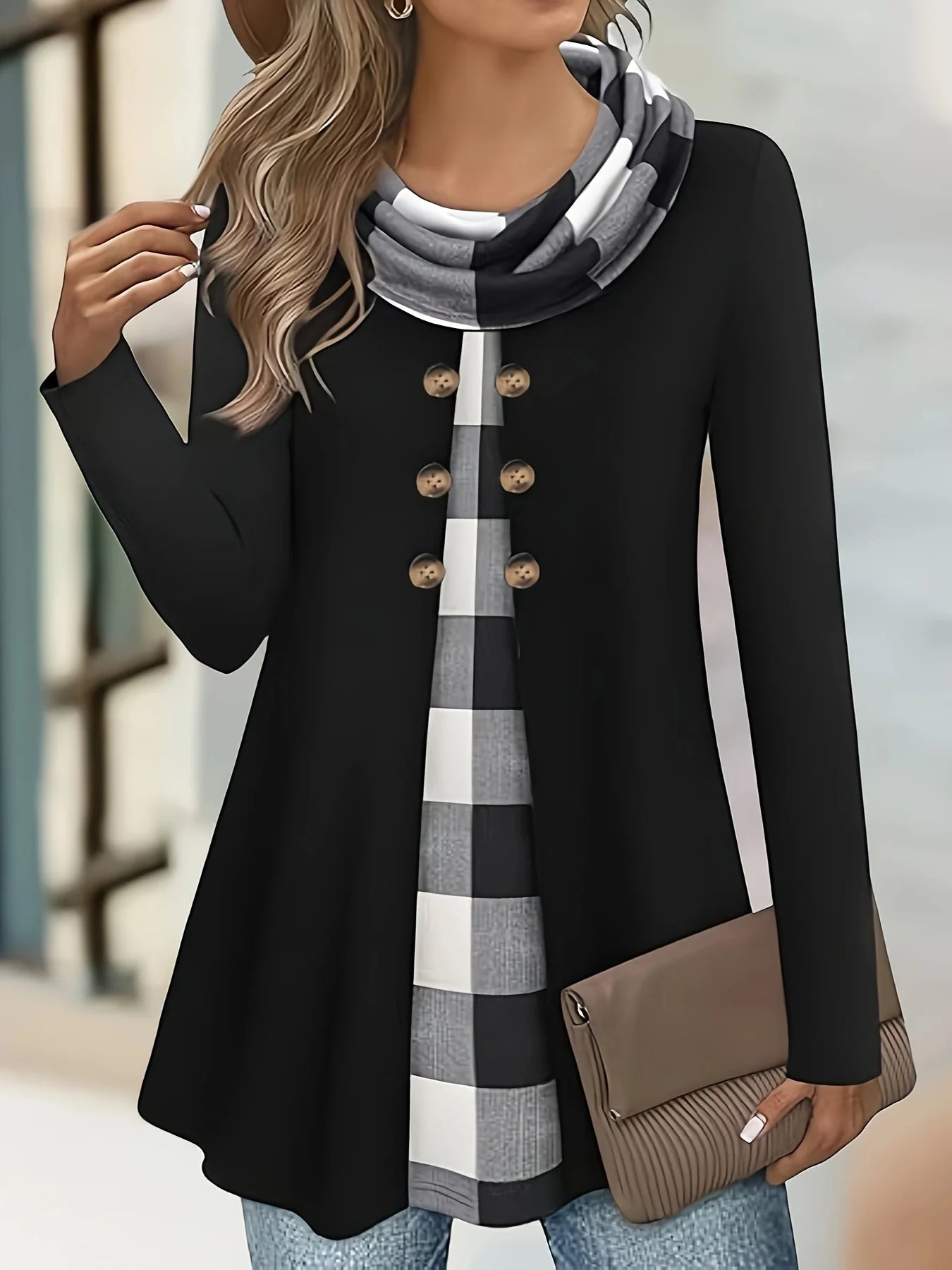 two-piece pleated scarf wild button plus size women's thin long-sleeved T-shirt