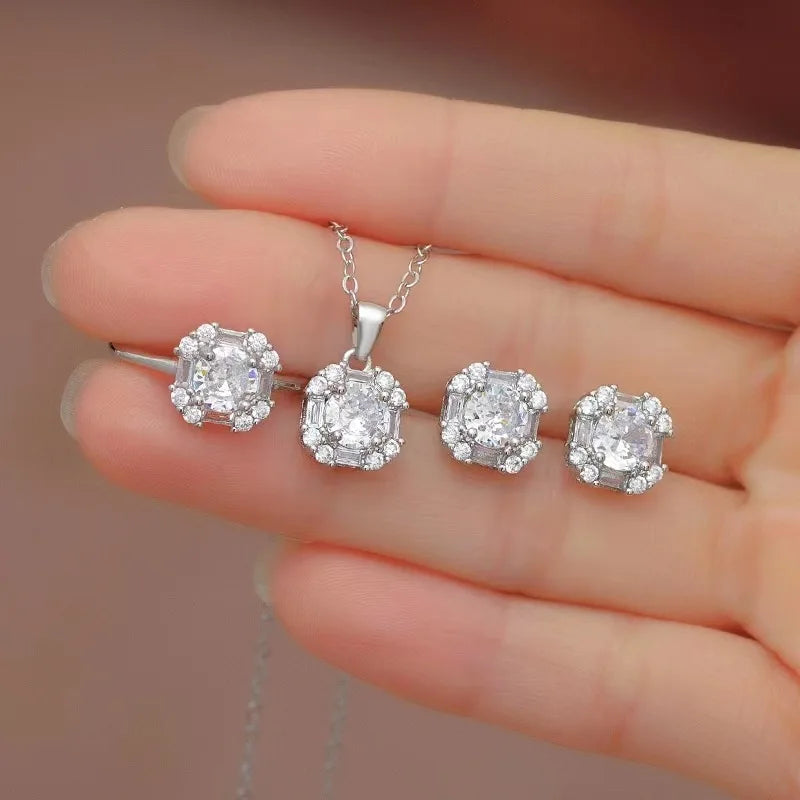Silver Jewelry Sets Ring Stud Earrings Pendant Necklace with Zircon Accessories