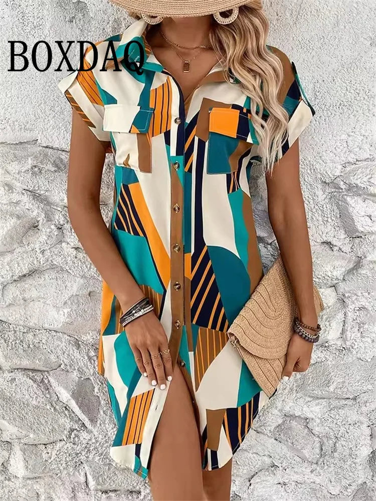 Summer Party Elegant Sundress Casual Button Lapel Shirts Dress