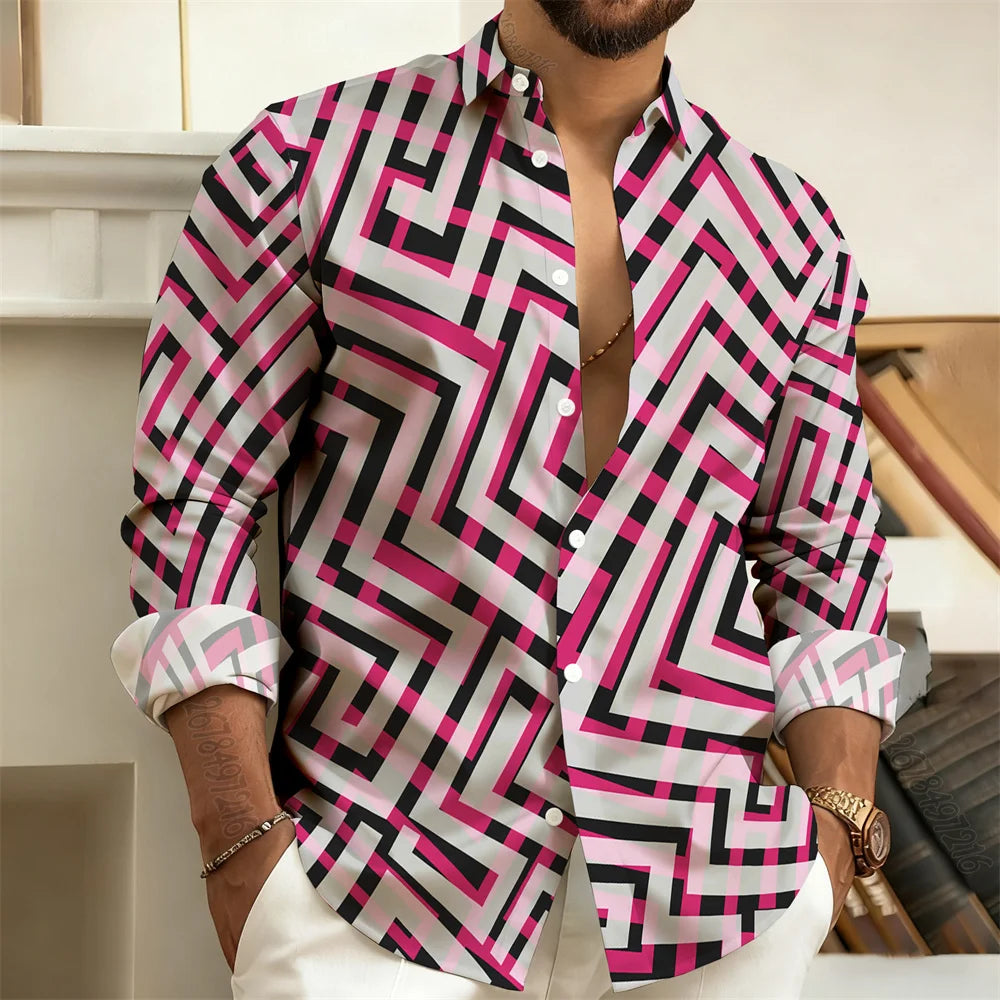 Long-Sleeved Polo Shirt, Vintage Print Style with Greek Key Pattern