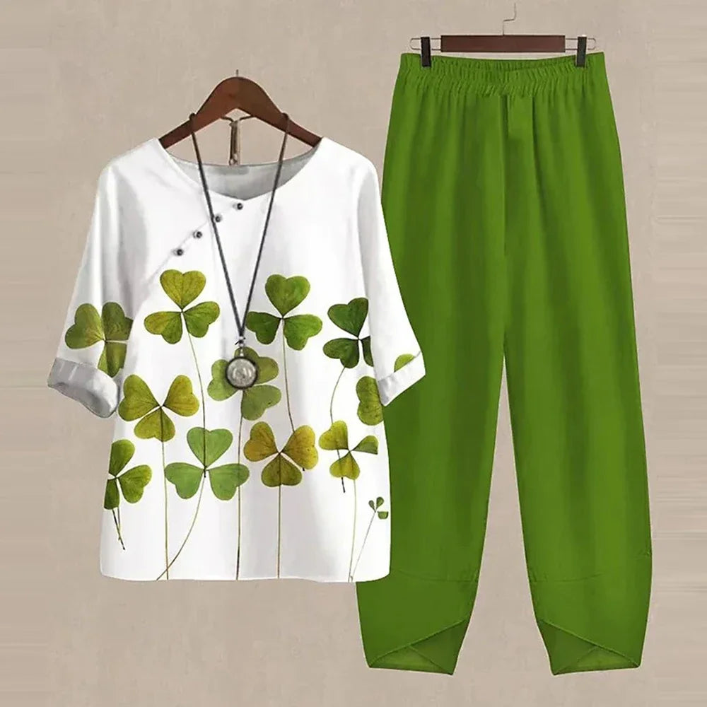 Summer 2 Piece Set Sleeve Shirt Top High Waist Pant