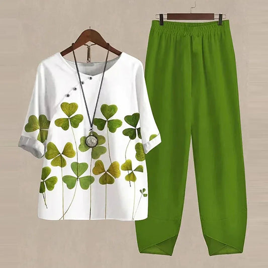 Summer 2 Piece Set Sleeve Shirt Top High Waist Pant