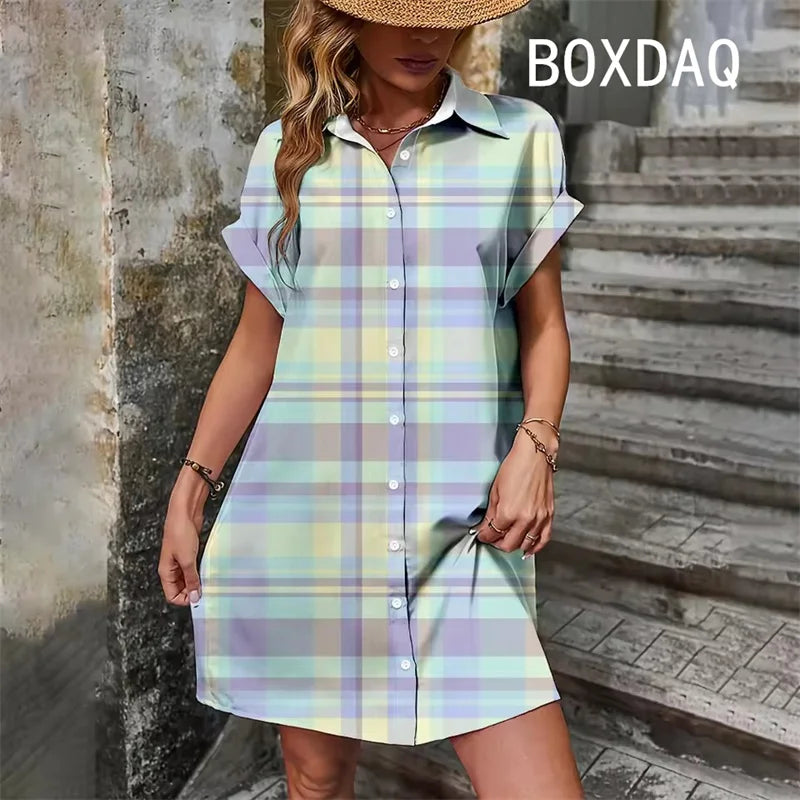 Elegant Vintage Striped Print  Short Sleeve With Button  Dress