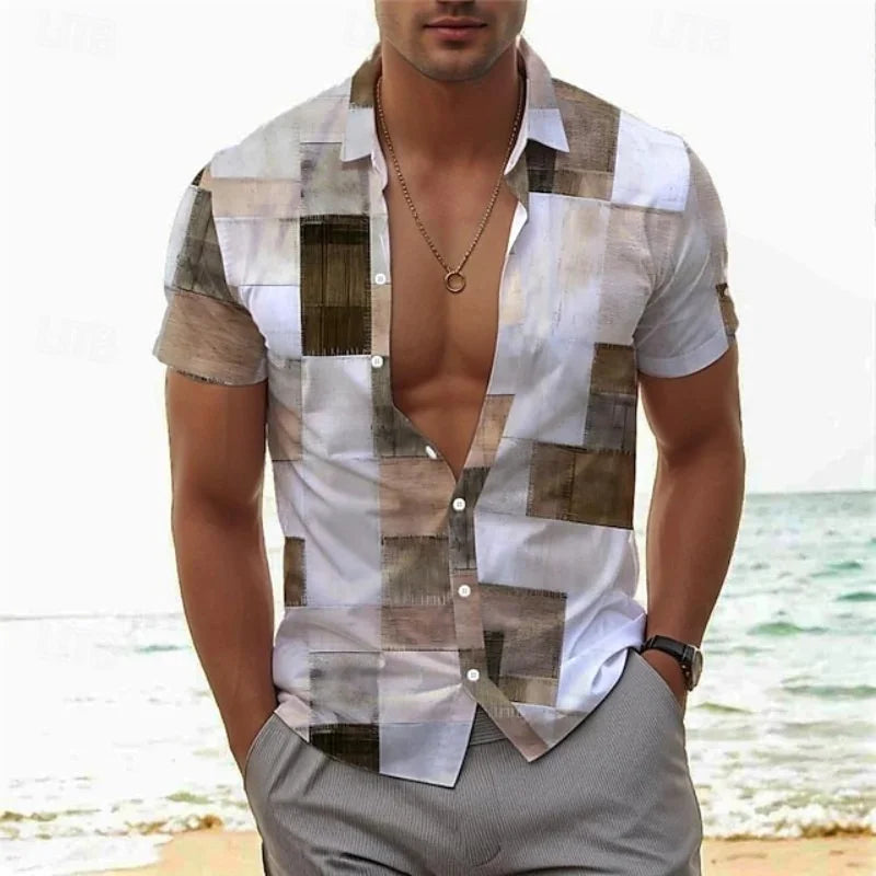 Men's Summer Patchwork Printed Button  Sleeve Shirt Tropical Vacation