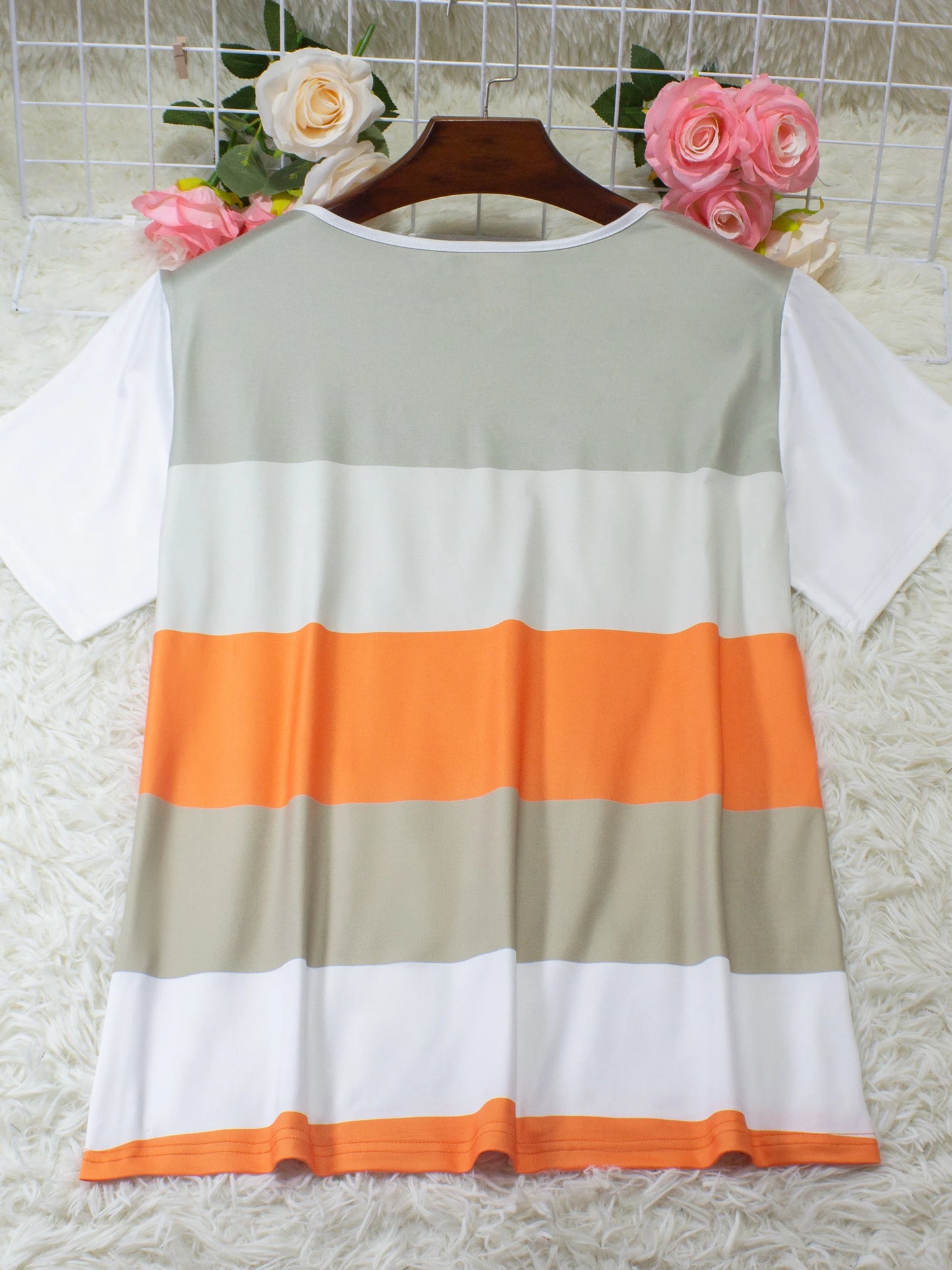 Women's Round Neck T-Shirt - Elegant Striped Print & Button Detail Short Sleeve Top