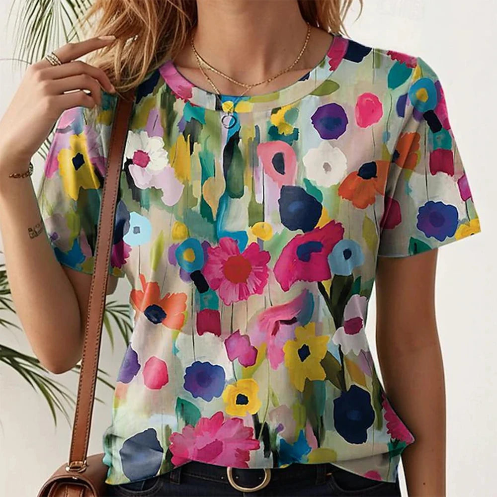 Short Sleeve T-Shirts 3d Flower Print Round Neck