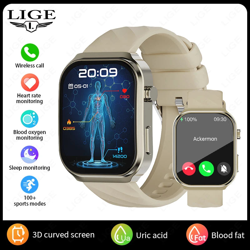 LIGE New AI Healthy Diagnosis Blood Lipids Uric Acid Smart Watch 2.2" Curved Screen Voice Bluetooth Call Health Smartwatch