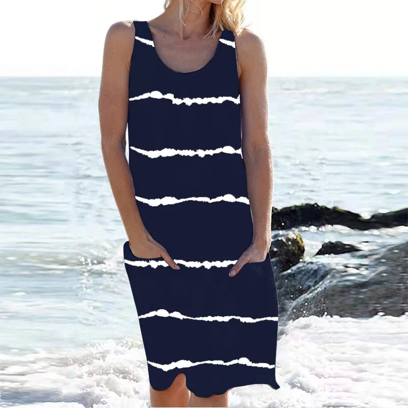 Stripe Print Pocket Sleeveless Knee Vacation And Party Dress