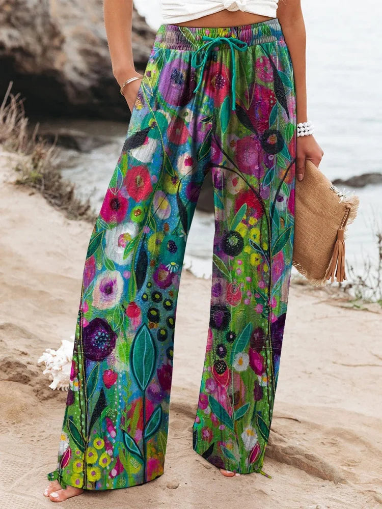Relaxed-Fit Casual Pants 3D Floral Print Comfortable Breathable Fashionable Wide-Leg Pants
