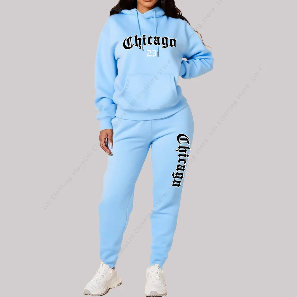 Women's Sets Hoodies Pants 2 Piece Outfits Chicago Graphic Letter Print