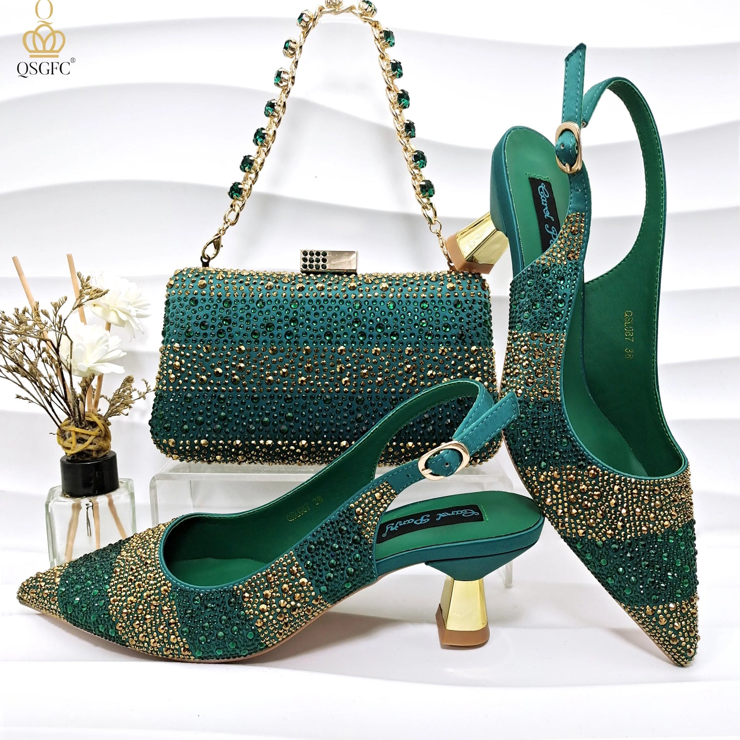 Italian Design Green Shoes And Bag Set Decorated with Rhinestone Handbag Wedding Party