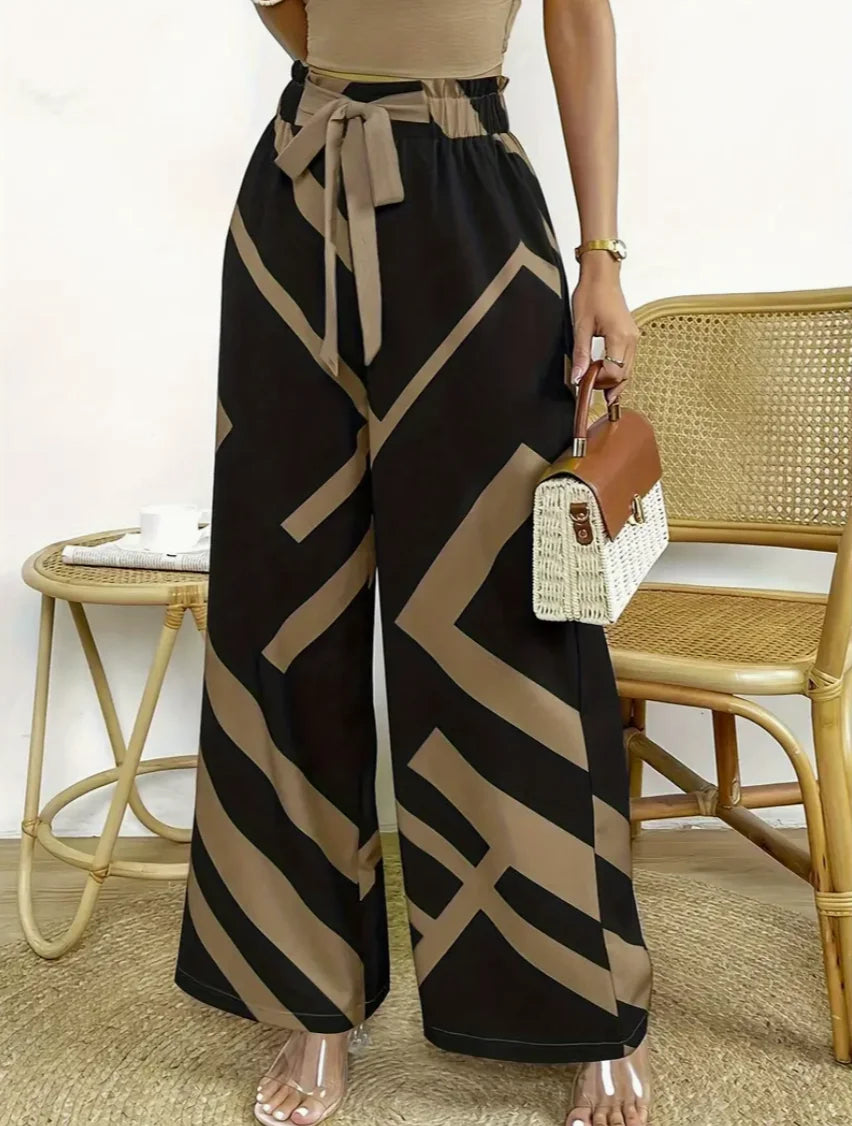 Geometric Pattern Print Wide Leg Pants Bow Front High Waist Pants For Every Day