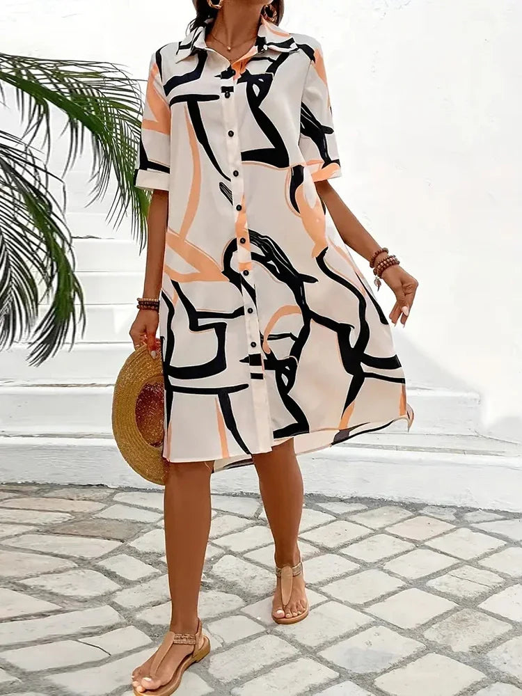 Ladies Short-sleeve Trend Single-breasted Elegant  Dress