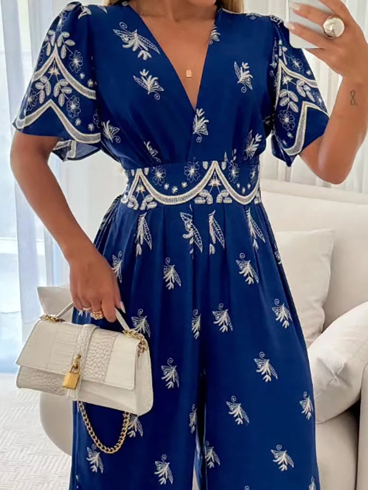 Vintage V Neck Long Pants Bohemian Printed High Waisted Loose Jumpsuit