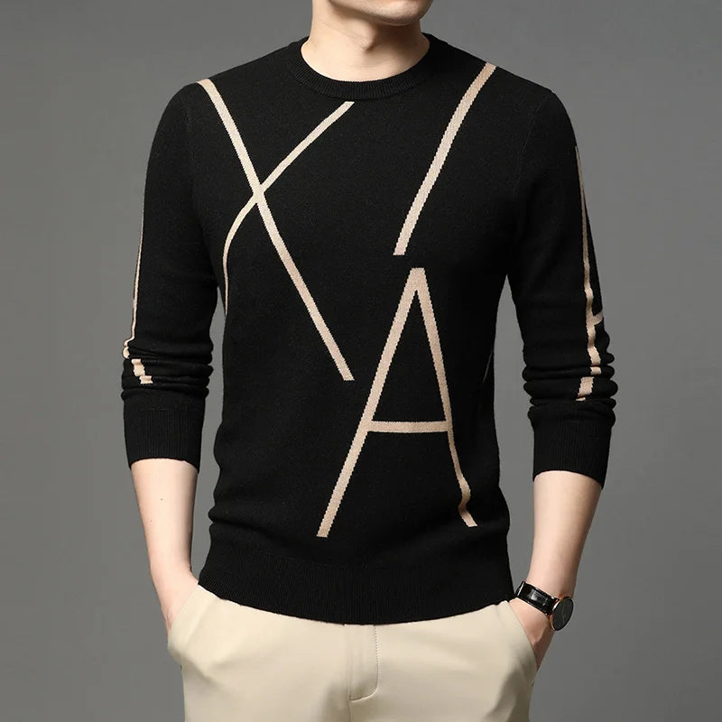 Fashion Brand Knit High Designer Winter Wool Pullover Black Sweater For Man