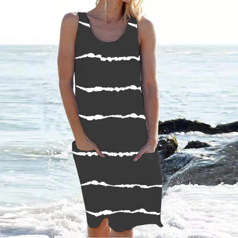Stripe Print Pocket Sleeveless Knee Vacation And Party Dress