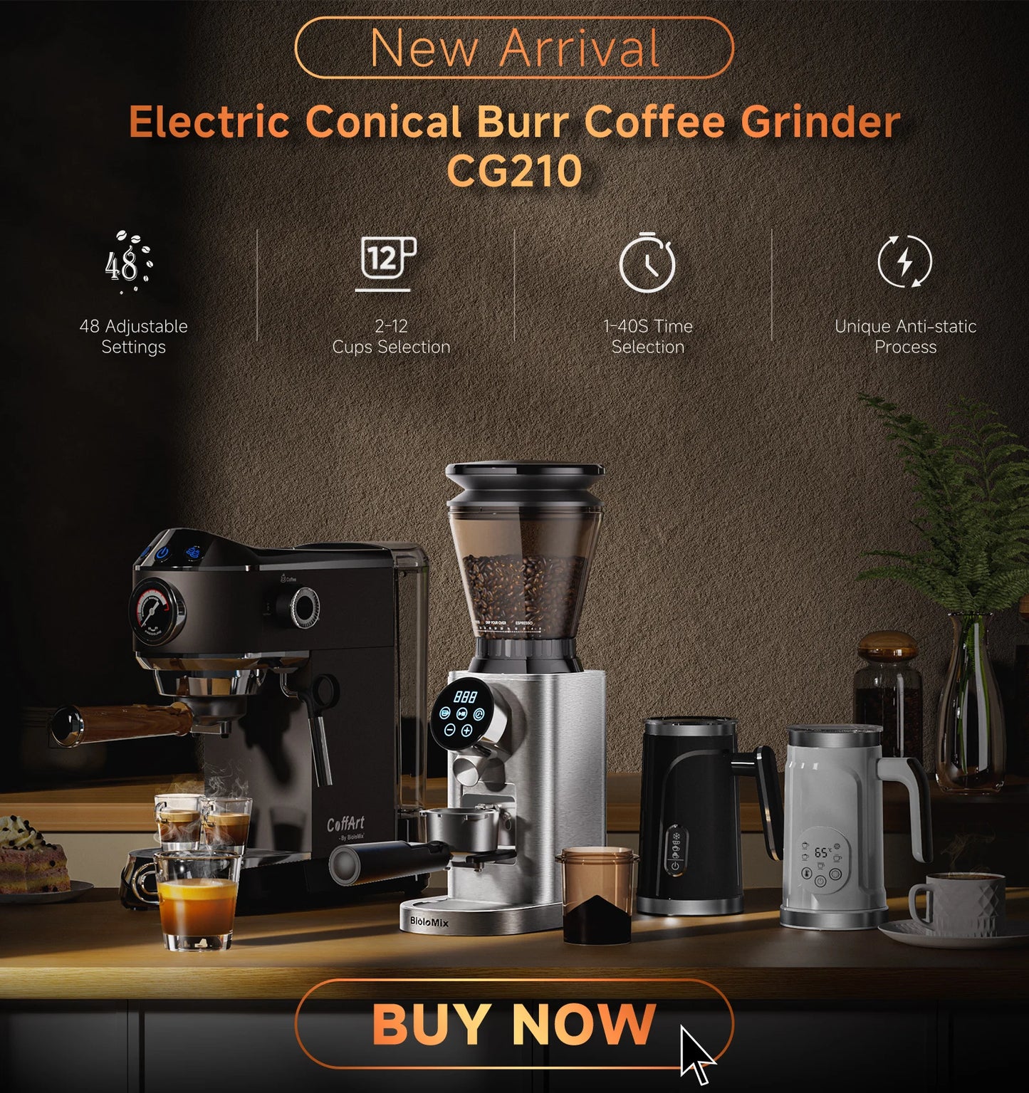 BioloMix Electric Coffee Grinder with Magnetic Ring - 30 Precise Grind Settings for Espresso, American, and Pour Over Coffee, Au