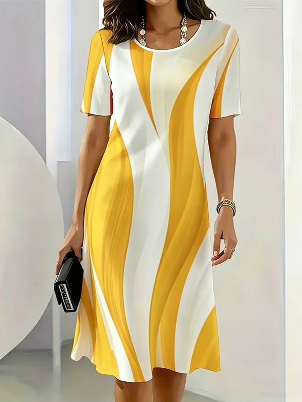 Gradient Striped Pattern Printed Short Sleeve O-Neck Dress