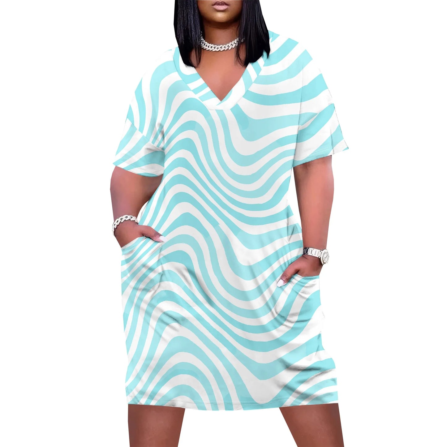 V Neck Short Sleeve with Front Two Pockets Solid Color Oversize Dress