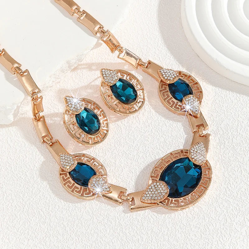 Elegant Blue Crystal Gold-plated Necklace and Earrings Suite