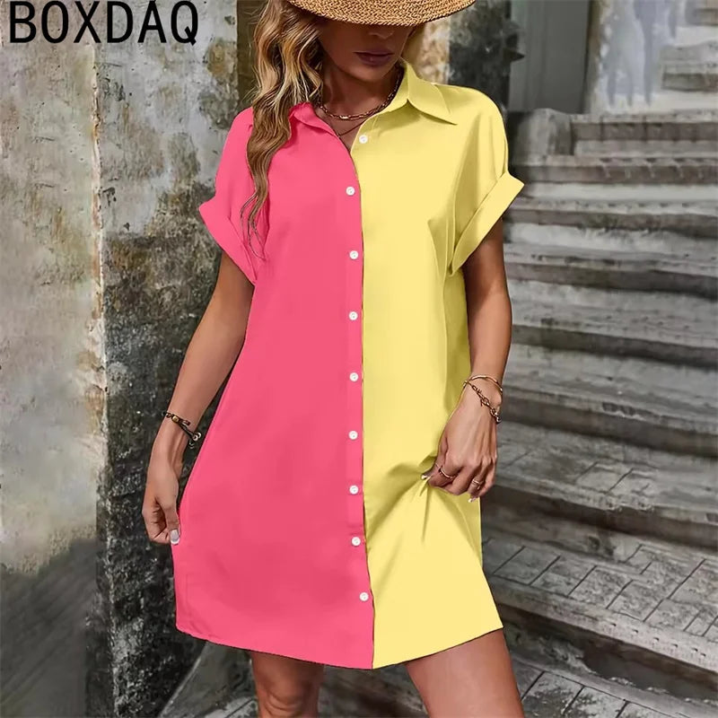 Two Tone Spliced Shirt for Summer Evening  Casual Dress